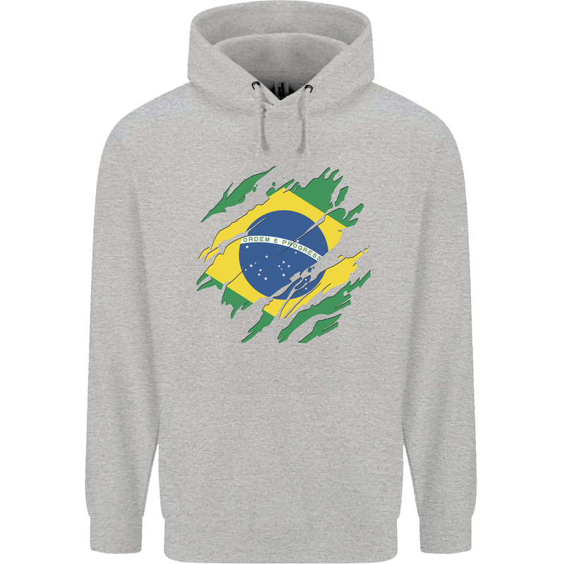 Torn Brazil Flag Brazilian Day Football Mens 80% Cotton Hoodie Sports Grey