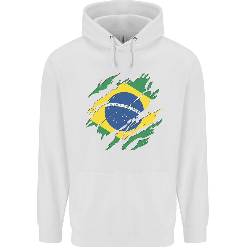 Torn Brazil Flag Brazilian Day Football Mens 80% Cotton Hoodie White