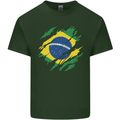 Torn Brazil Flag Brazilian Day Football Mens Cotton T-Shirt Tee Top Forest Green