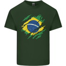 Torn Brazil Flag Brazilian Day Football Mens Cotton T-Shirt Tee Top Forest Green