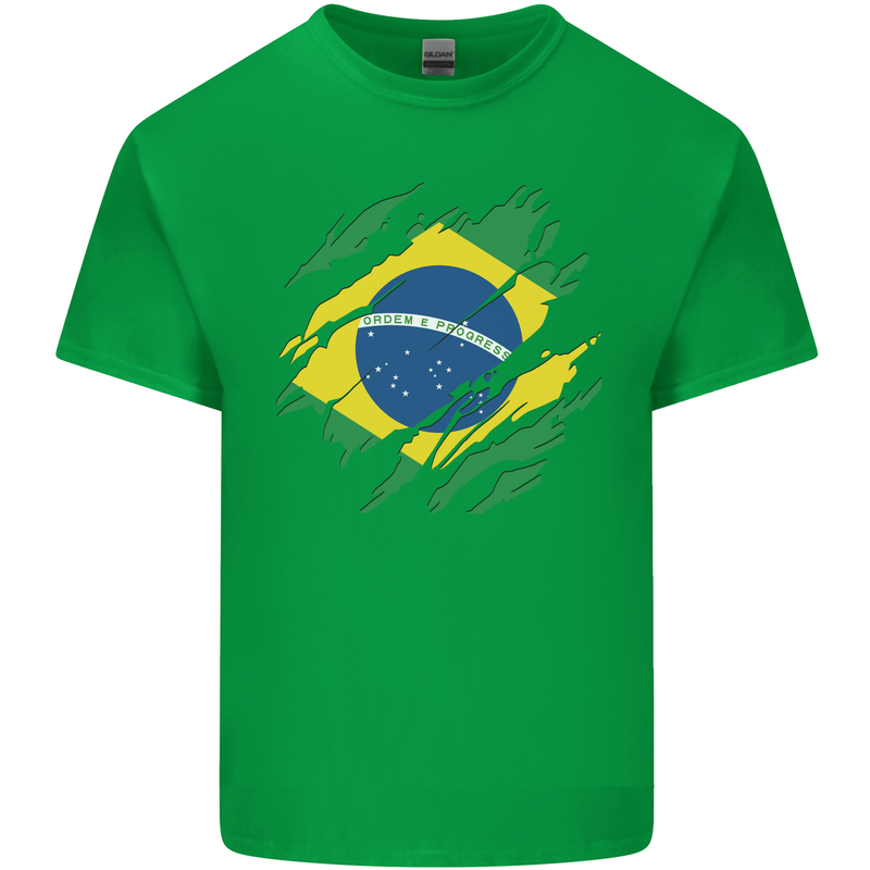 Torn Brazil Flag Brazilian Day Football Mens Cotton T-Shirt Tee Top Irish Green