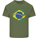 Torn Brazil Flag Brazilian Day Football Mens Cotton T-Shirt Tee Top Military Green