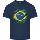 Torn Brazil Flag Brazilian Day Football Mens Cotton T-Shirt Tee Top Navy Blue