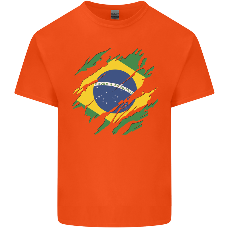 Torn Brazil Flag Brazilian Day Football Mens Cotton T-Shirt Tee Top Orange