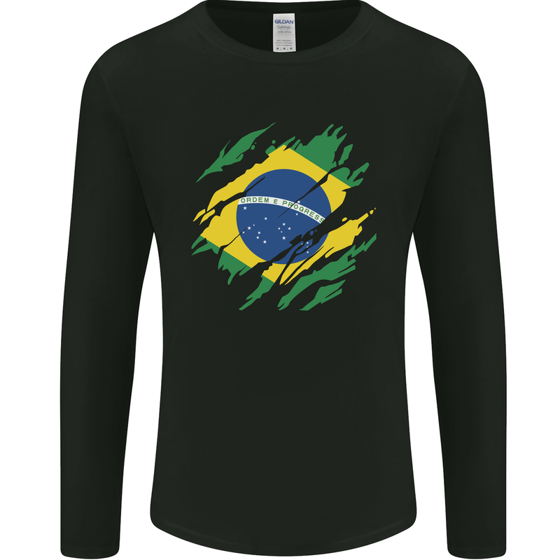 Torn Brazil Flag Brazilian Day Football Mens Long Sleeve T-Shirt Black