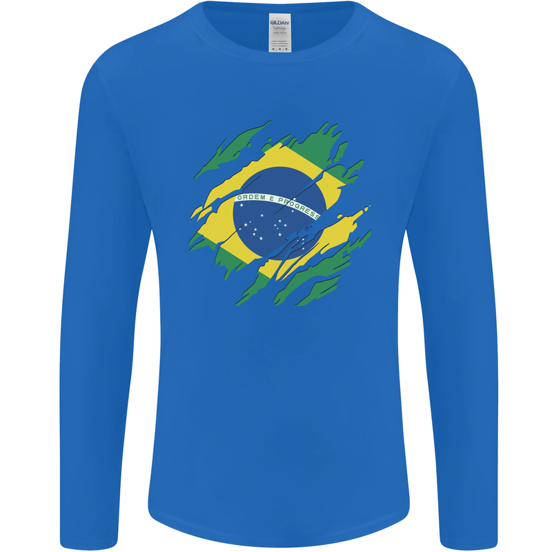 Torn Brazil Flag Brazilian Day Football Mens Long Sleeve T-Shirt Royal Blue