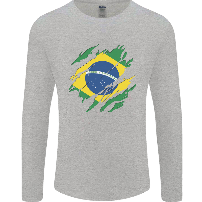 Torn Brazil Flag Brazilian Day Football Mens Long Sleeve T-Shirt Sports Grey