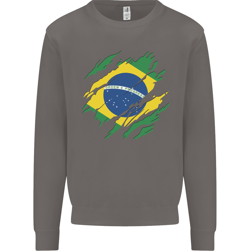 Torn Brazil Flag Brazilian Day Football Mens Sweatshirt Jumper Charcoal
