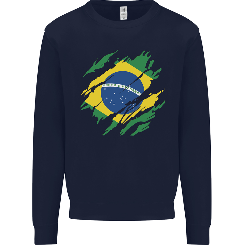 Torn Brazil Flag Brazilian Day Football Mens Sweatshirt Jumper Navy Blue