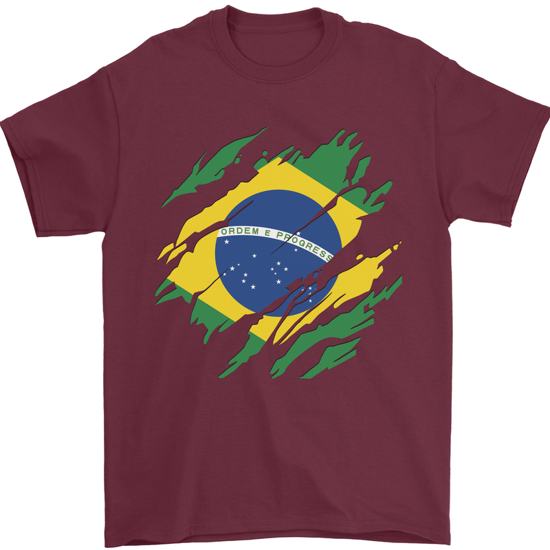 Torn Brazil Flag Brazilian Day Football Mens T-Shirt 100% Cotton Maroon