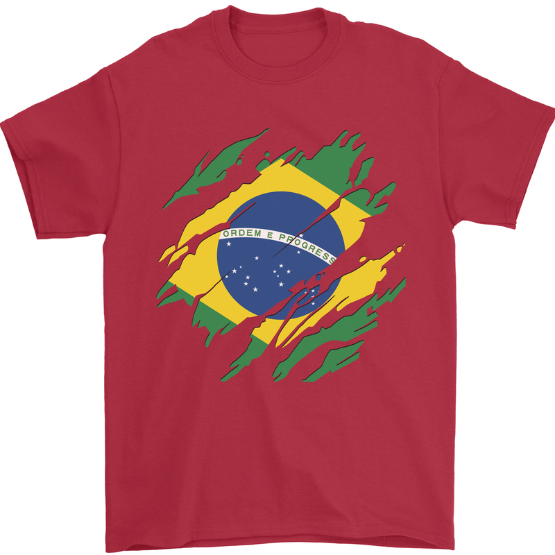 Torn Brazil Flag Brazilian Day Football Mens T-Shirt 100% Cotton Red