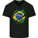 Torn Brazil Flag Brazilian Day Football Mens V-Neck Cotton T-Shirt Black