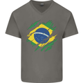Torn Brazil Flag Brazilian Day Football Mens V-Neck Cotton T-Shirt Charcoal