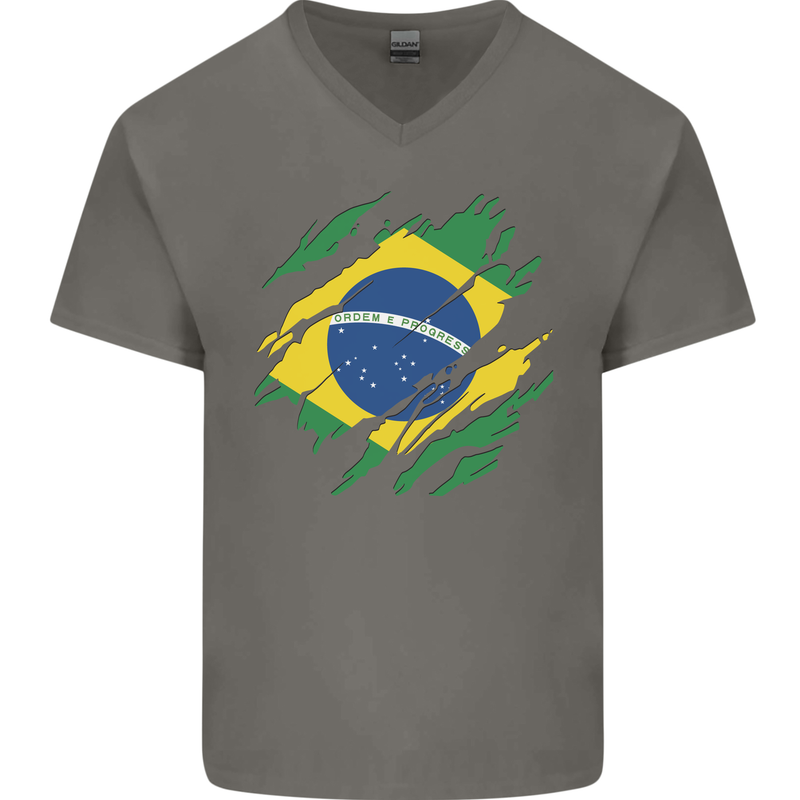 Torn Brazil Flag Brazilian Day Football Mens V-Neck Cotton T-Shirt Charcoal