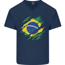 Torn Brazil Flag Brazilian Day Football Mens V-Neck Cotton T-Shirt Navy Blue