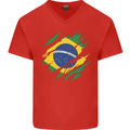 Torn Brazil Flag Brazilian Day Football Mens V-Neck Cotton T-Shirt Red