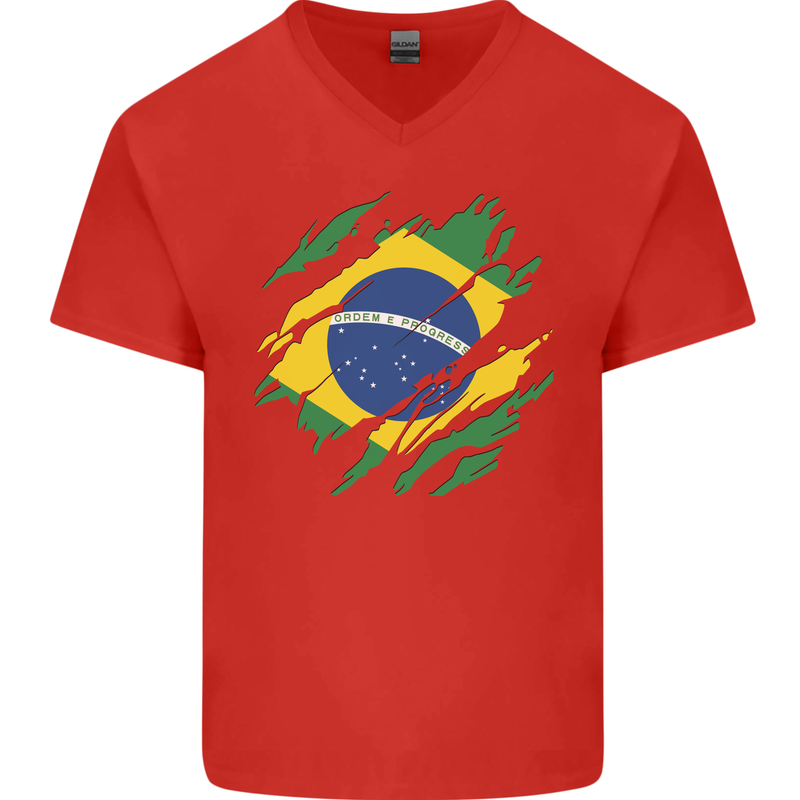 Torn Brazil Flag Brazilian Day Football Mens V-Neck Cotton T-Shirt Red