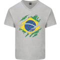Torn Brazil Flag Brazilian Day Football Mens V-Neck Cotton T-Shirt Sports Grey