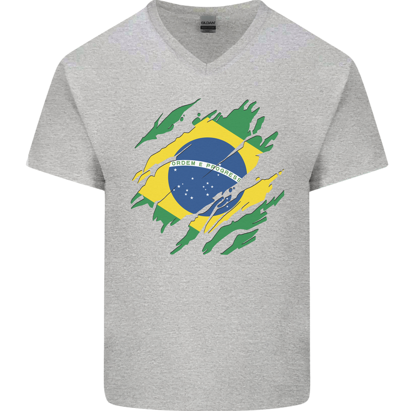 Torn Brazil Flag Brazilian Day Football Mens V-Neck Cotton T-Shirt Sports Grey