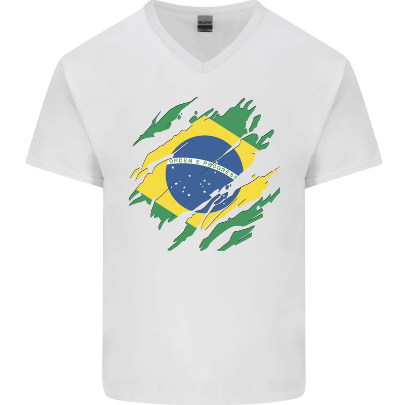 Torn Brazil Flag Brazilian Day Football Mens V-Neck Cotton T-Shirt White