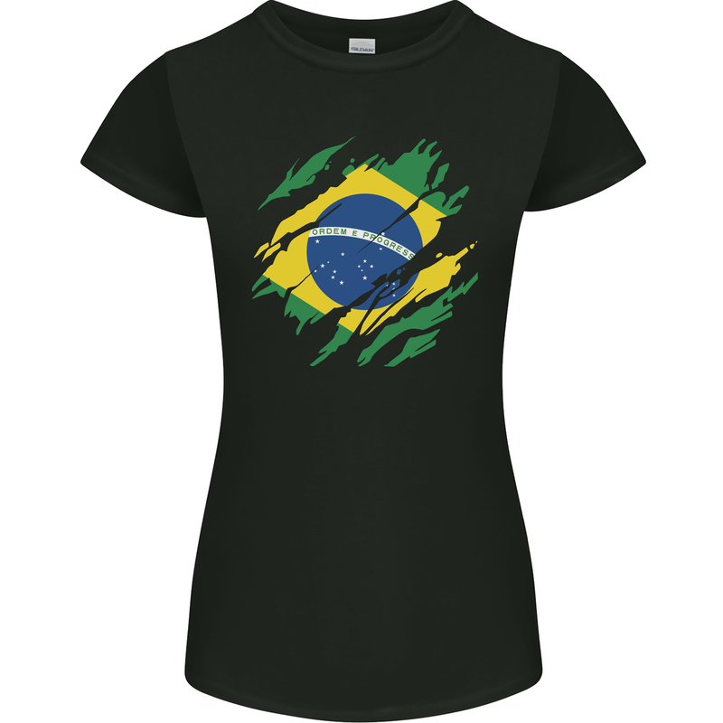 Torn Brazil Flag Brazilian Day Football Womens Petite Cut T-Shirt Black