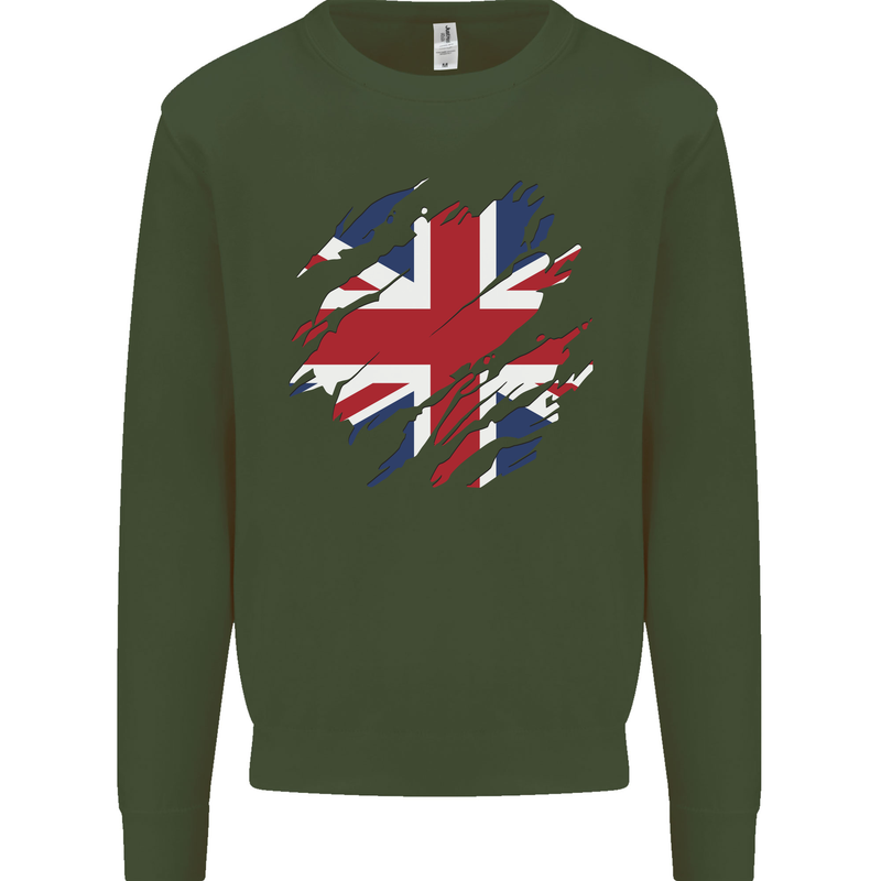 Torn British Flag Union Jack Britain Kids Sweatshirt Jumper Forest Green