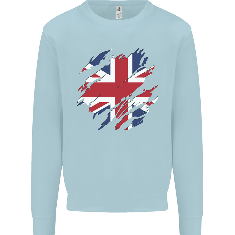Torn British Flag Union Jack Britain Kids Sweatshirt Jumper Light Blue