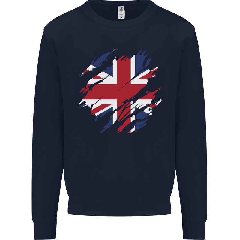 Torn British Flag Union Jack Britain Kids Sweatshirt Jumper Navy Blue