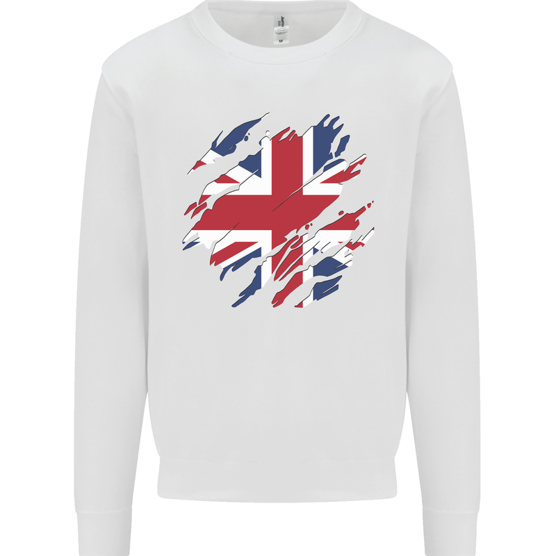 Torn British Flag Union Jack Britain Kids Sweatshirt Jumper White
