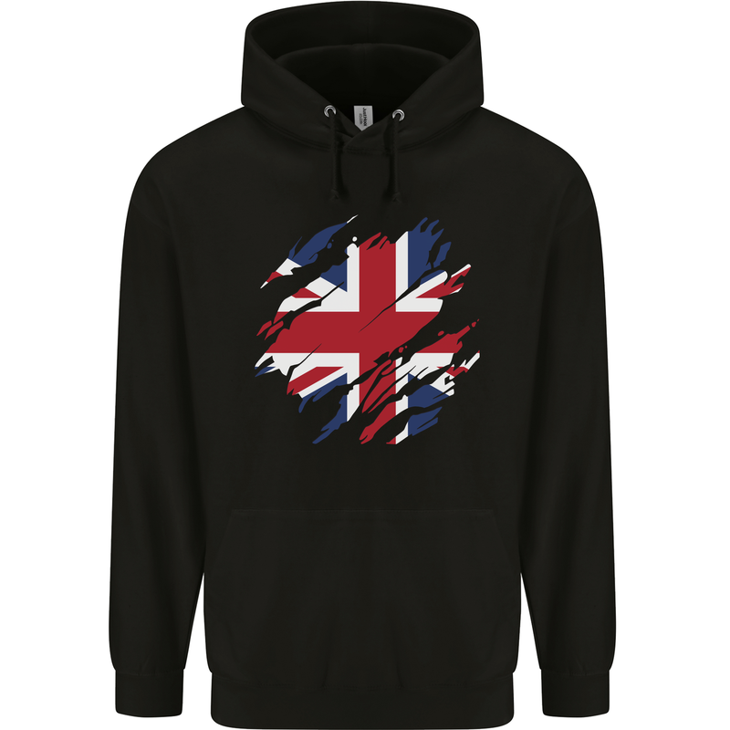 Torn British Flag Union Jack Britain Mens 80% Cotton Hoodie Black
