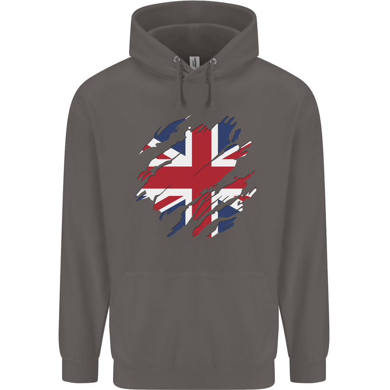 Torn British Flag Union Jack Britain Mens 80% Cotton Hoodie Charcoal