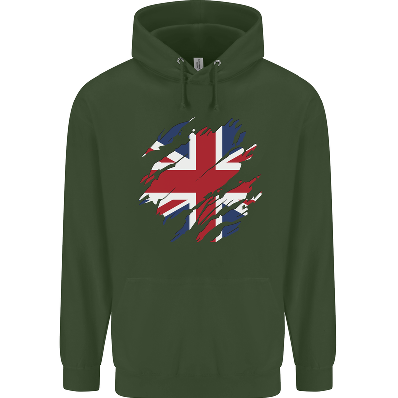 Torn British Flag Union Jack Britain Mens 80% Cotton Hoodie Forest Green