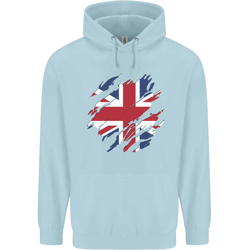 Torn British Flag Union Jack Britain Mens 80% Cotton Hoodie Light Blue