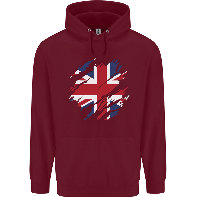 Torn British Flag Union Jack Britain Mens 80% Cotton Hoodie Maroon