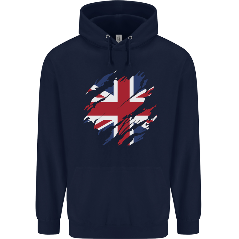 Torn British Flag Union Jack Britain Mens 80% Cotton Hoodie Navy Blue