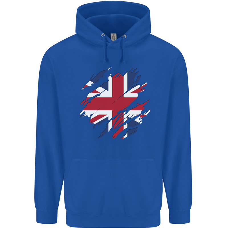 Torn British Flag Union Jack Britain Mens 80% Cotton Hoodie Royal Blue