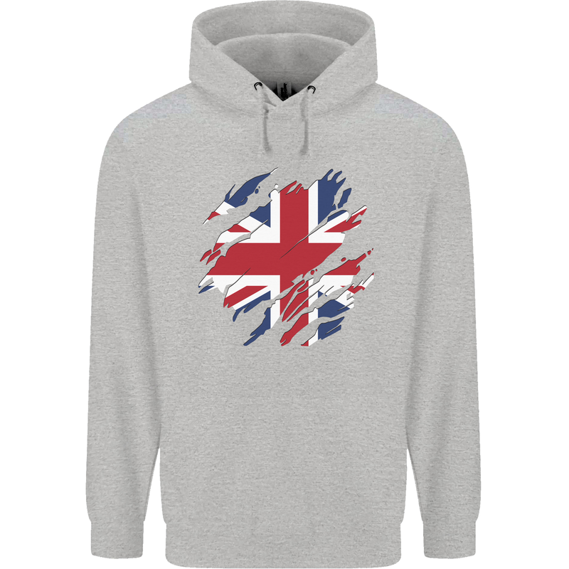 Torn British Flag Union Jack Britain Mens 80% Cotton Hoodie Sports Grey