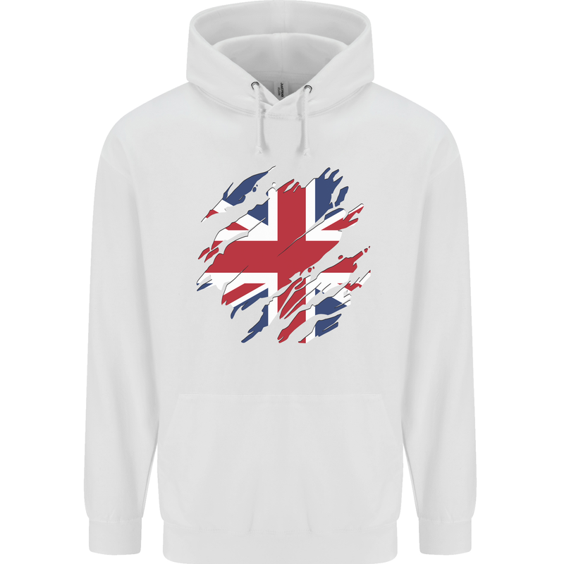 Torn British Flag Union Jack Britain Mens 80% Cotton Hoodie White
