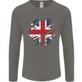 Torn British Flag Union Jack Britain Mens Long Sleeve T-Shirt Charcoal