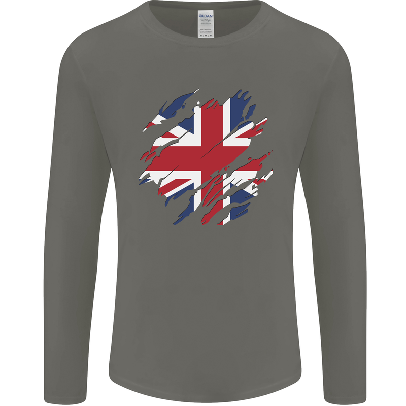 Torn British Flag Union Jack Britain Mens Long Sleeve T-Shirt Charcoal