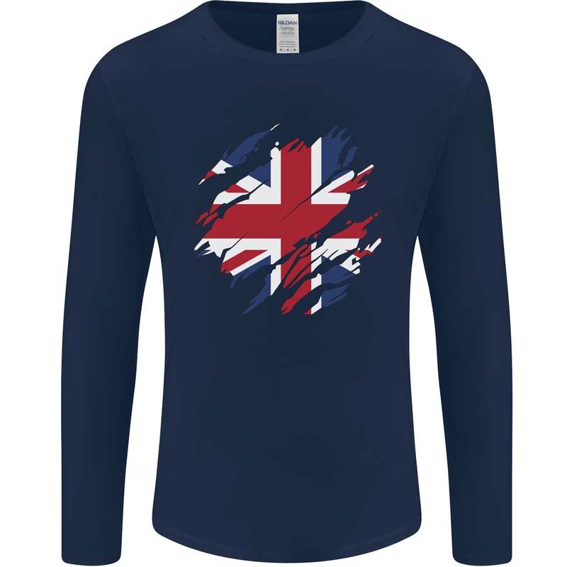 Torn British Flag Union Jack Britain Mens Long Sleeve T-Shirt Navy Blue