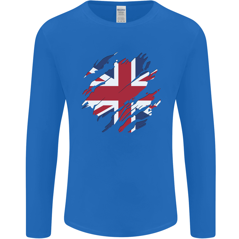 Torn British Flag Union Jack Britain Mens Long Sleeve T-Shirt Royal Blue