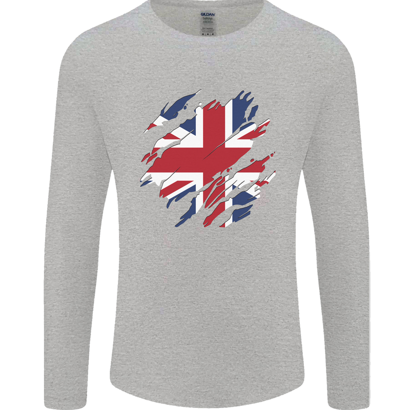 Torn British Flag Union Jack Britain Mens Long Sleeve T-Shirt Sports Grey