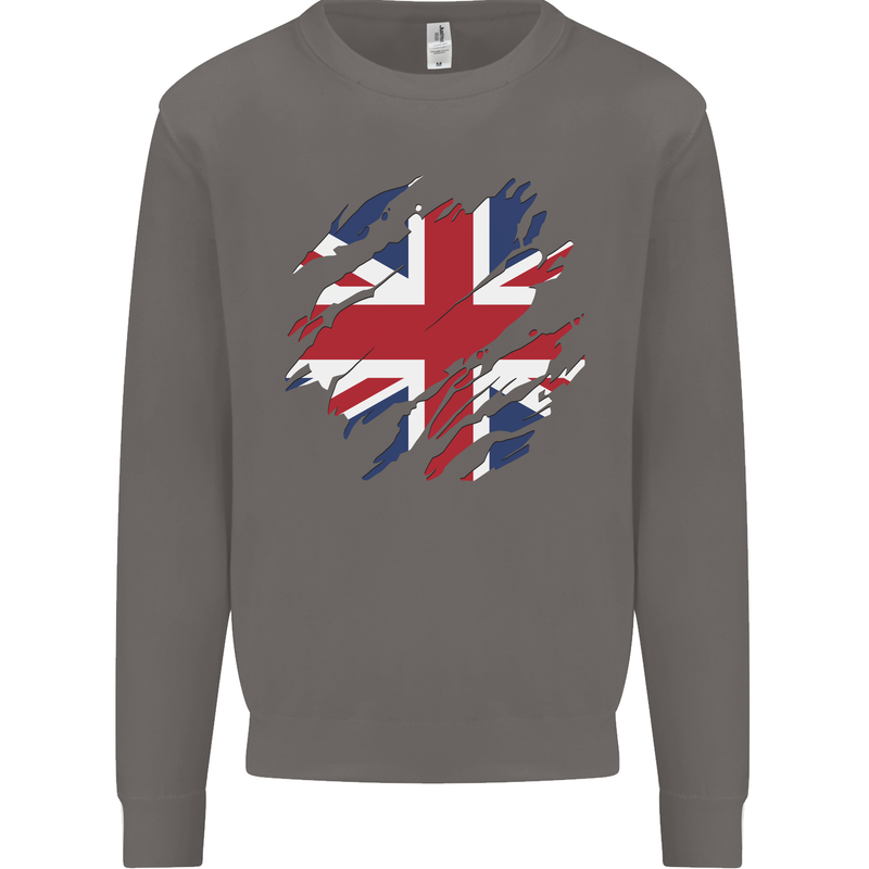 Torn British Flag Union Jack Britain Mens Sweatshirt Jumper Charcoal