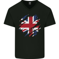 Torn British Flag Union Jack Britain Mens V-Neck Cotton T-Shirt Black