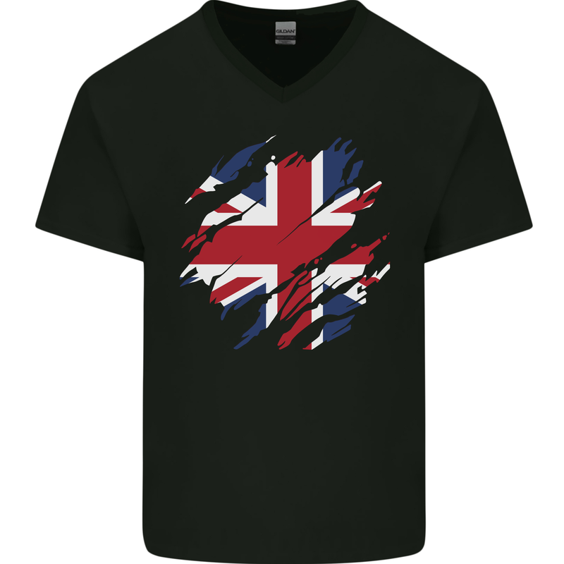 Torn British Flag Union Jack Britain Mens V-Neck Cotton T-Shirt Black