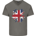 Torn British Flag Union Jack Britain Mens V-Neck Cotton T-Shirt Charcoal