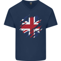 Torn British Flag Union Jack Britain Mens V-Neck Cotton T-Shirt Navy Blue