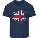 Torn British Flag Union Jack Britain Mens V-Neck Cotton T-Shirt Navy Blue