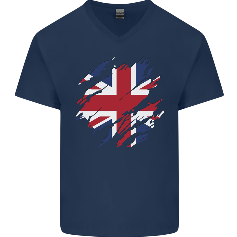 Torn British Flag Union Jack Britain Mens V-Neck Cotton T-Shirt Navy Blue
